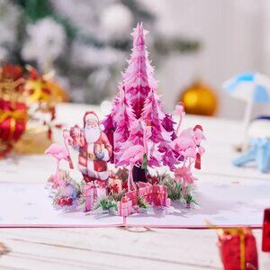 3D Christmas Card Flamingo Tree Santa Pink